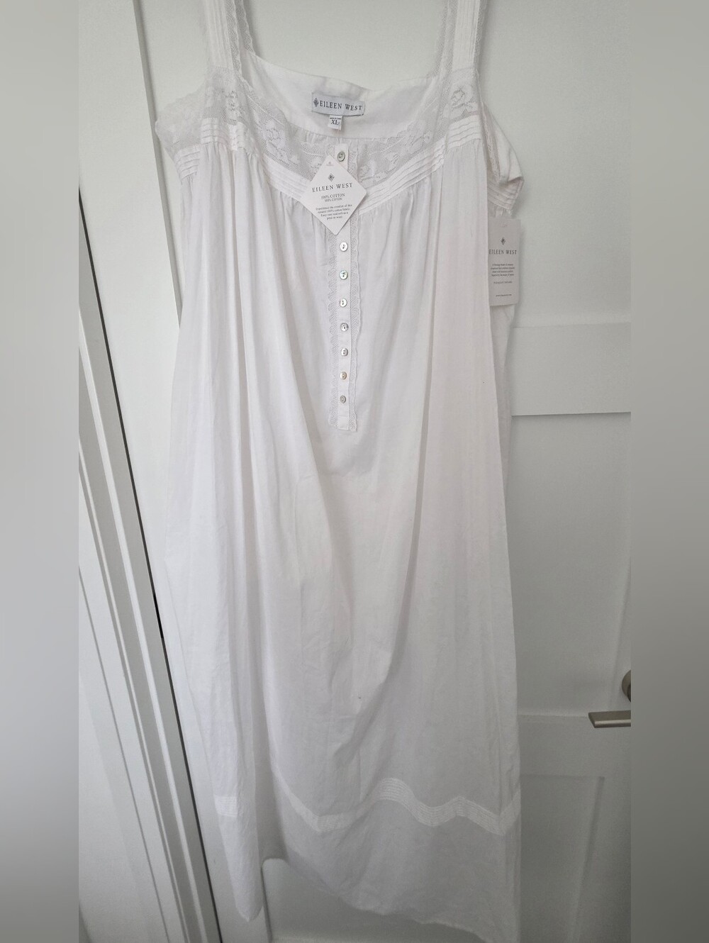 Eileen West White Cotton Sleeveless Nightgown with Lace Yoke